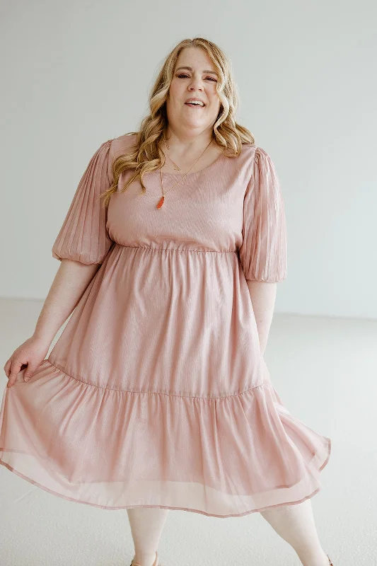 Attire Sale PLEATED BUBBLE SLEEVE KNEE LENGTH DRESS IN ANTIQUE ROSE