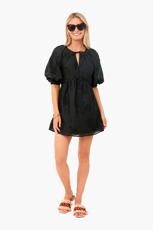 Chic And Trendy Noir Eyelet Puff Sleeve Dress