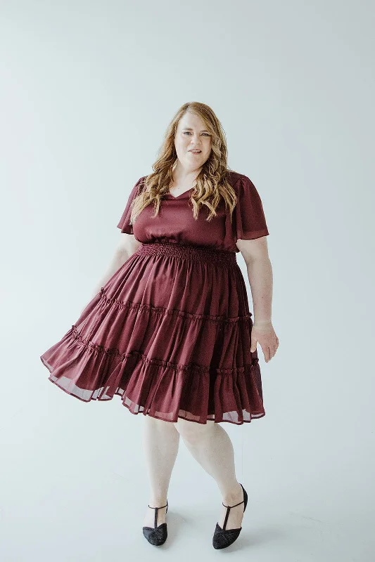 Comfort Centric Apparel KNEE LENGTH DRESS WITH TIERED SKIRT IN ZINFANDEL