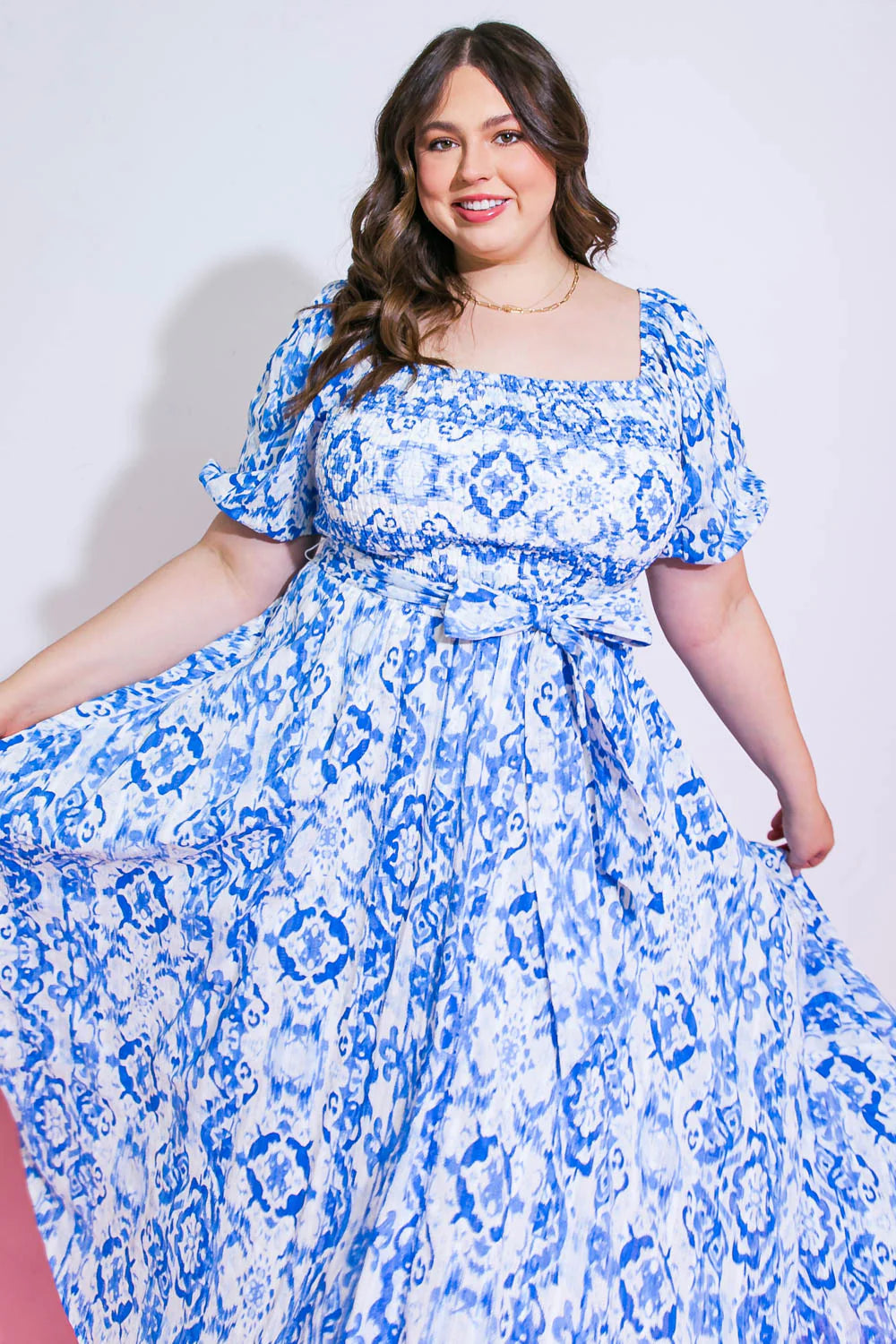 Limited Time Offers Plus Size Flying Tomato Dress- White and Blue Puff Sleeve Dress