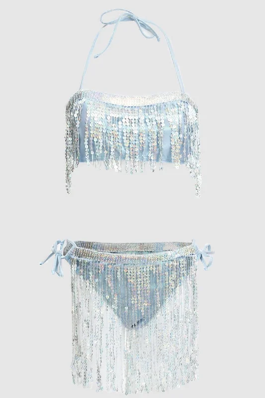 Women's Clothing Apparel Silver Tassel Sequin Detail Lingerie Set Bikini Set