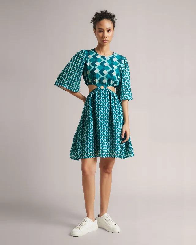 Statement Piece Teal Waist Cut-Out Dress