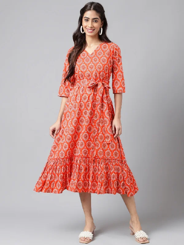 Affordable Women's Clothing Sale Online Orange Cotton Ethnic Motifs Printed Ruffled Dress