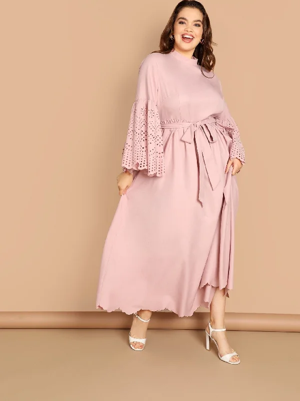 Sales Clothes Plus Mock-neck Laser Cut Flounce Sleeve Dress