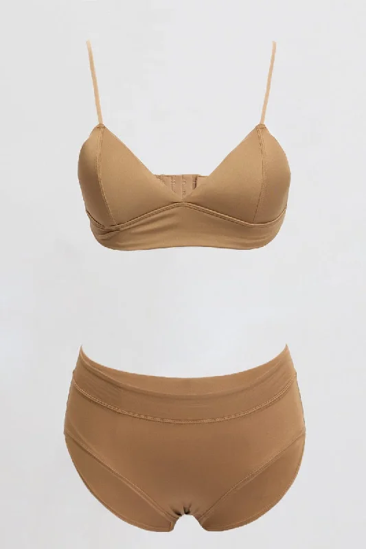 Classic Women's Apparel Brown Triangle Bra and Briefs Lingerie Set