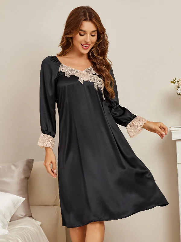 Women's Office Attire Women's Silk Lace Long Sleeve Midi Nightgown