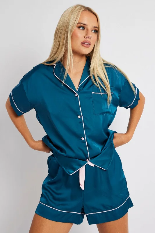 Women's Urban Clothing Blue Satin Pj Contrast Piping Pyjama Set