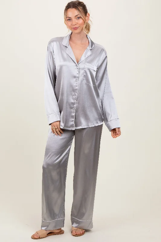 Trendy Athleisure Clothing For Women Silver Satin Contrast Trim Long Sleeve Pajama Set