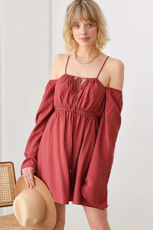 Signature Style Essentials Boho Drawstring Halter Neck Smocked Bust Long Puff Sleeve Dress