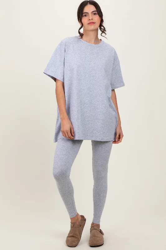 Elegant Clothing For Women Heather Grey Oversized Crewneck Short Sleeve and Legging Set