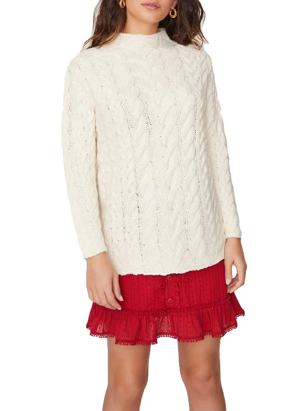 Women's Evening Garments Cotton Wood Womens Open Stitch Cable Knit Funnel-Neck Sweater