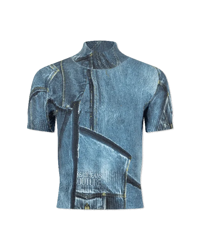 Women's Chic Outerwear Attire Denim Patchwork Knit Sweater