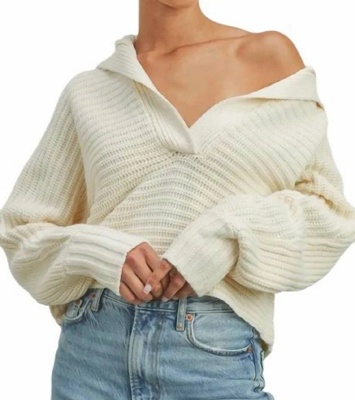 Women's Activewear Apparel Drama Collar V-Neck Sweater In Cream