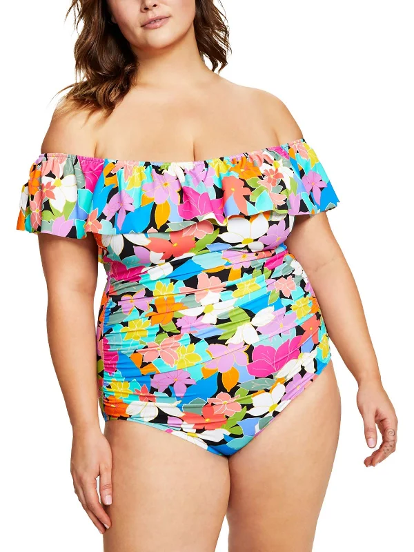 Women's Holiday Apparel Womens Off-The-Shoulder Floral Print One-Piece Swimsuit