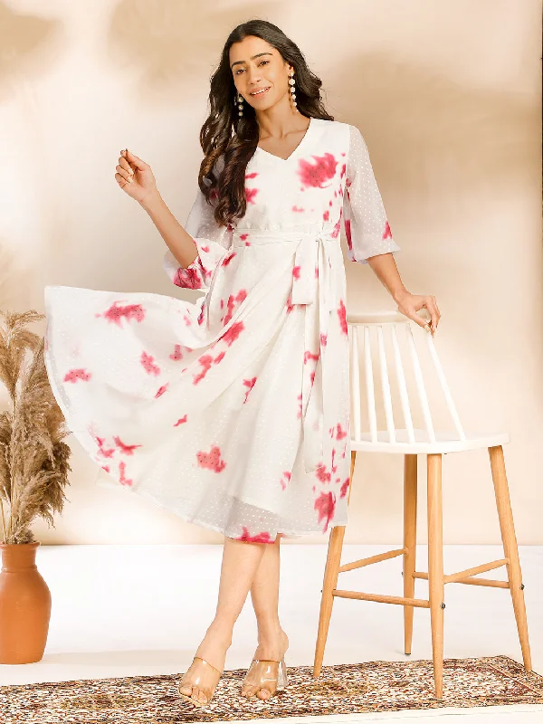 Comfort Meets Fashion Off White Dobby Georgette Tie & Dye Fit & Flare Dress