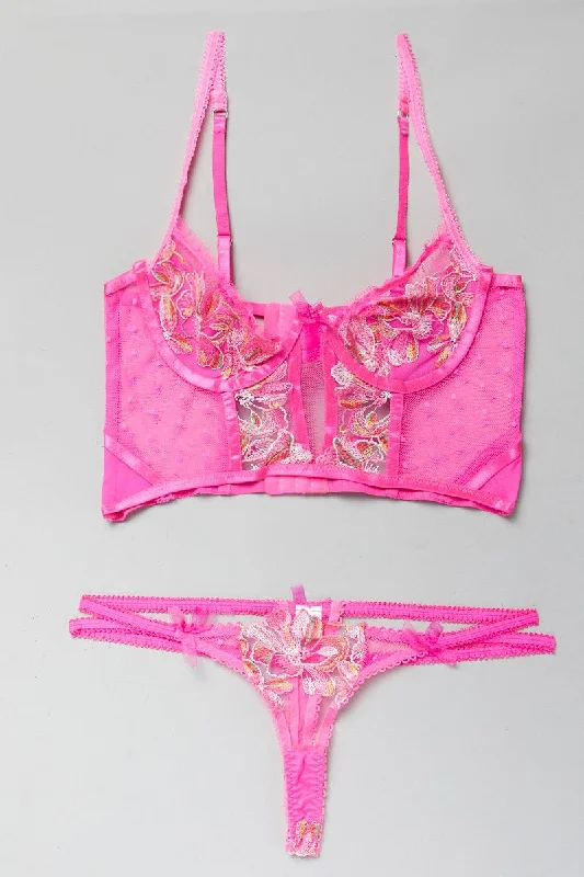 Trendy Athleisure Clothing For Women Pink Embroidery Lingerie Set