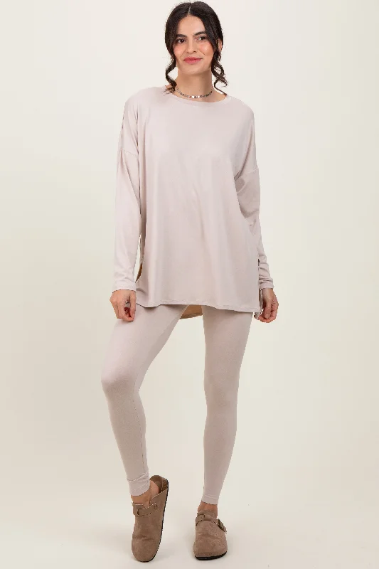 Women's Holiday Clothes Beige Brushed Knit Oversized Top and Legging Set