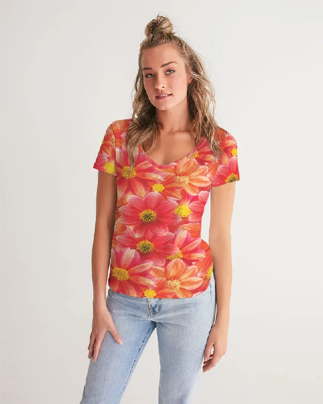 Women's Evening Attire Beautiful blood orange flower design Women's All-Over Print V-Neck Tee