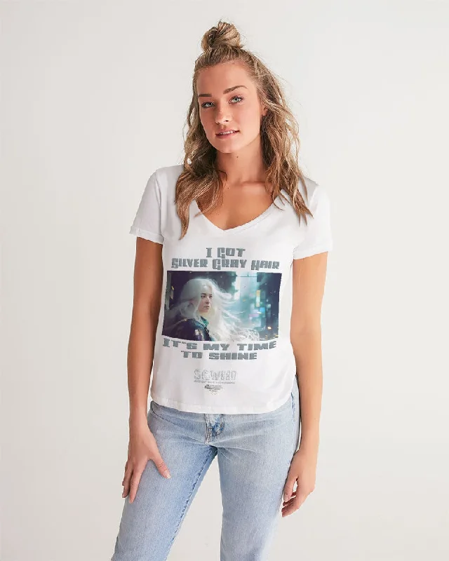 Women's Clothing For Special Occasions Beautiful white woman my time to shine Women's All-Over Print V-Neck Tee