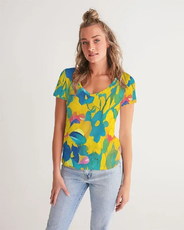 Women's Wedding Apparel Beautiful yellow and blue hint of red pattern Women's V-Neck Tee