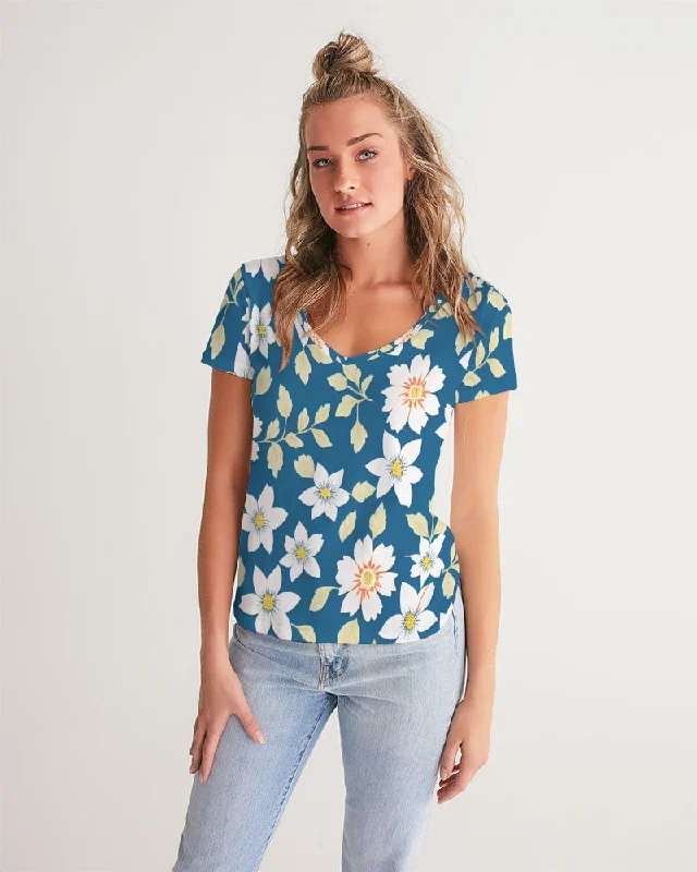 Women's Clothing For Work Dark blue background and white flower pattern Women's All-Over Print V-Neck Tee