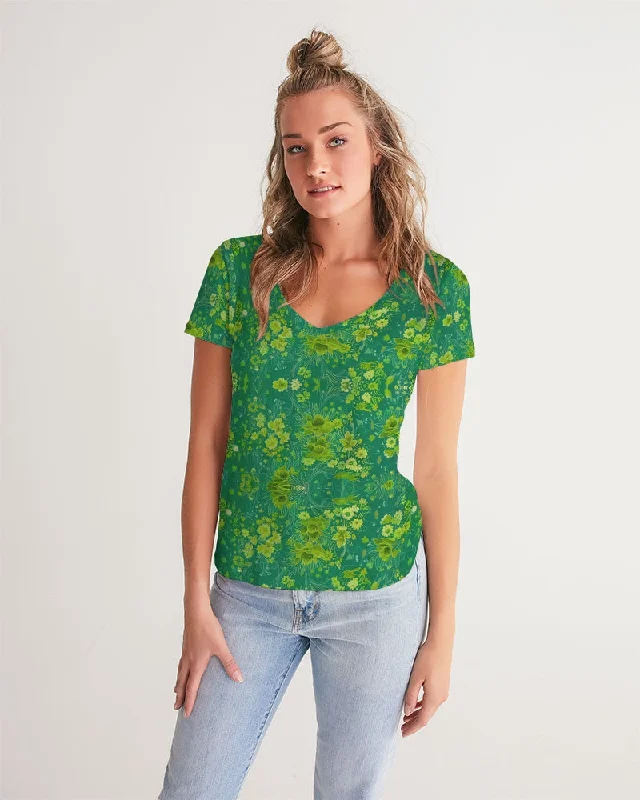 Women's Festive Attire Green lush Repeat pattern Women's V-Neck Tee