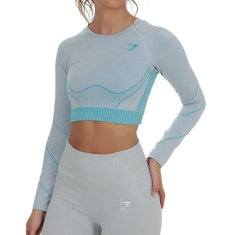 Affordable Women's Clothing Gymshark Hyper Amplify Seamless Womens Long Sleeve Crop Top - Blue