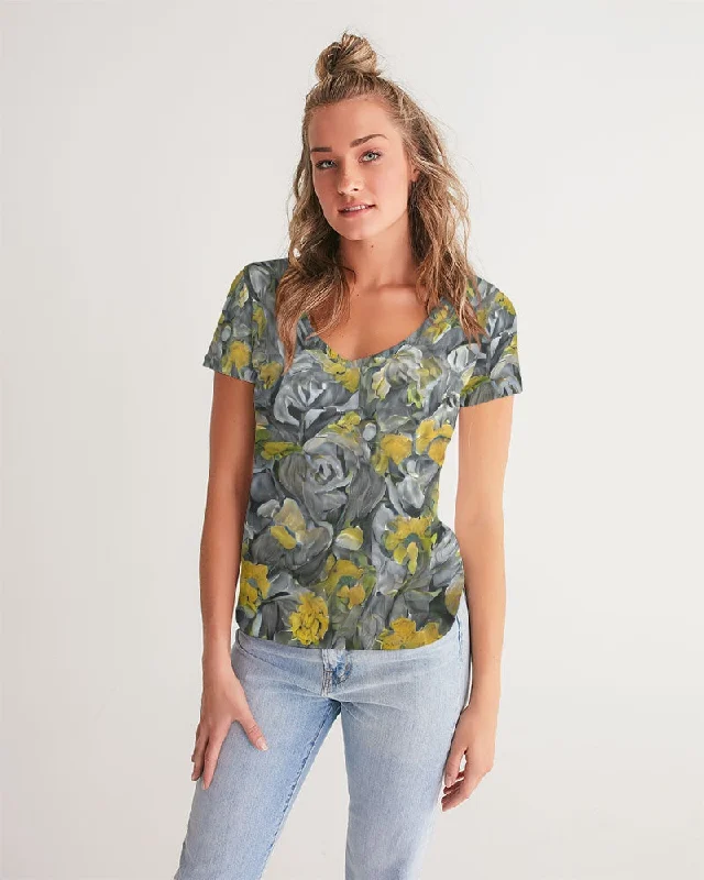 Timeless Women's Clothes Orange and yellow and grey abstract design of Roses Women's V-Neck Tee