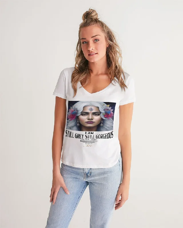 Women's Apparel And Garments Promoting Indian women with silver grey hair Women's V-Neck Tee