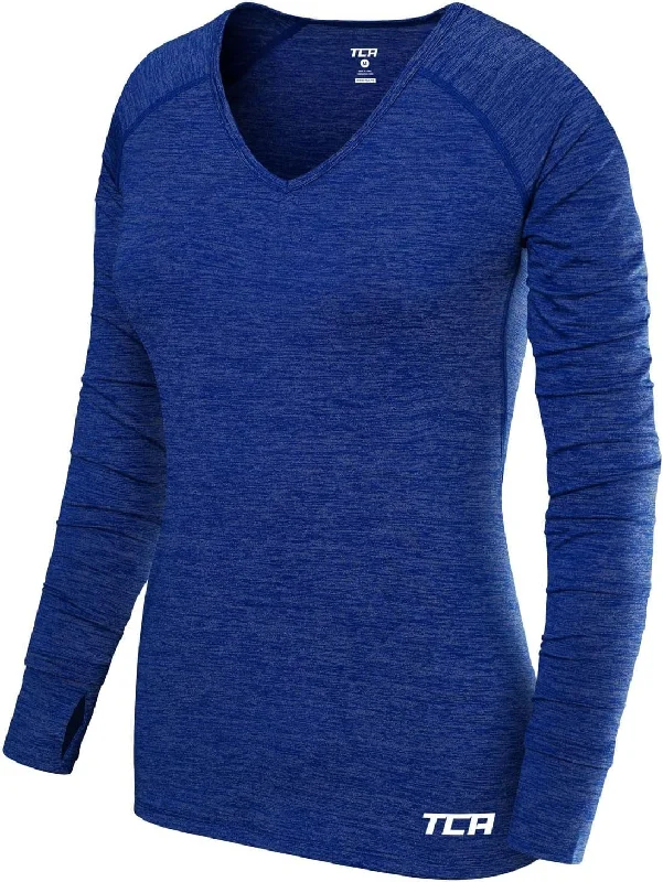 Women's Floral Print Outfit TCA Elle V-Neck Long Sleeve Womens Running Top - Blue