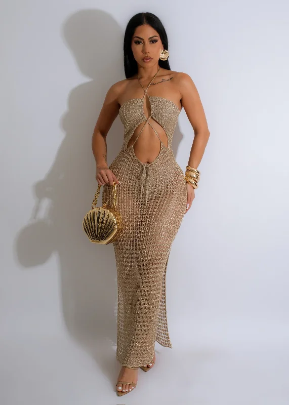 Elegant Clothing For Women Absolutely Crochet Metallic Maxi Dress Gold