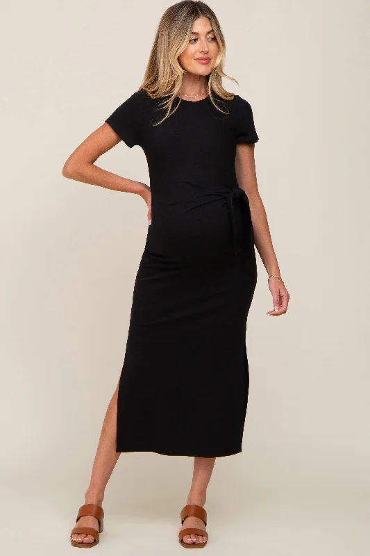 Women's Clothing Apparel Sets Black Front Tie Side Slit Maternity Midi Dress