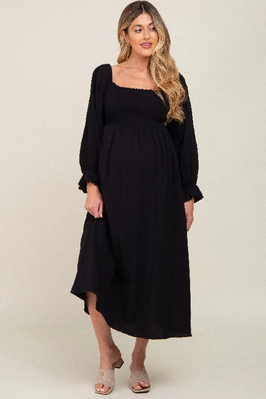 Women's Luxury Apparel Black Gauze Smocked Maternity Midi Dress