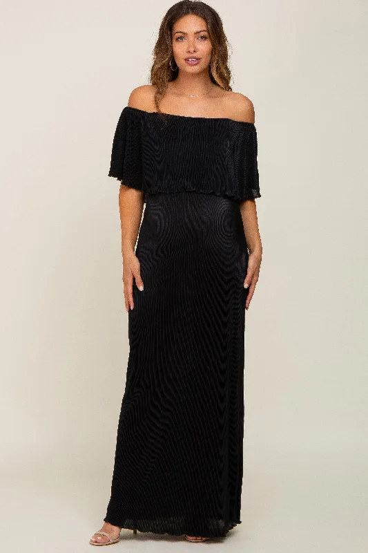 Luxury Women's Clothing Black Pleated Ruffle Off Shoulder Maternity Maxi Dress