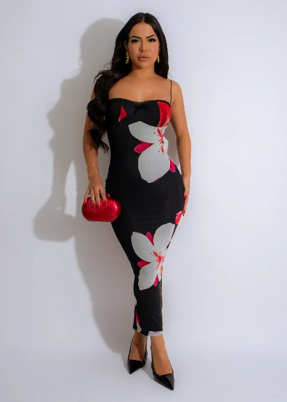 Fashionable Women's Clothing Blossom Noir Slip Mesh Midi Dress Black