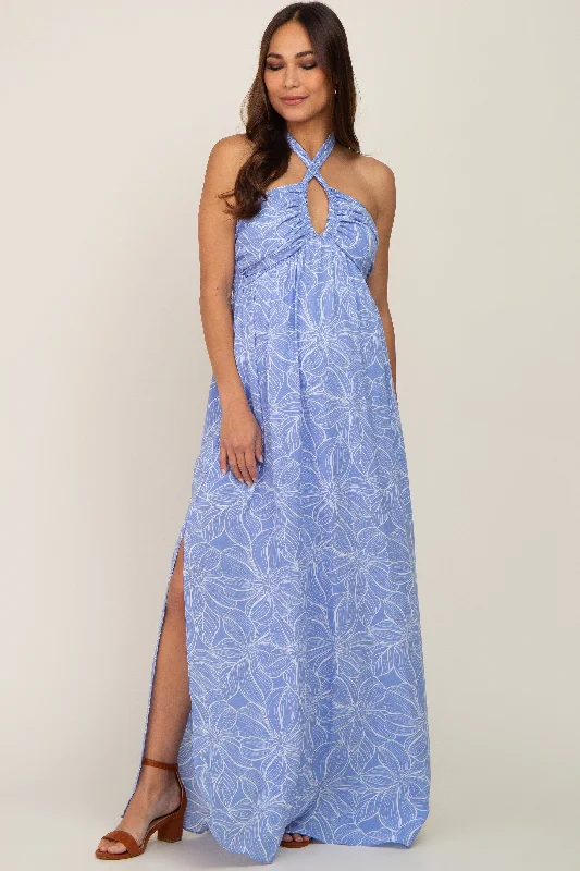 Women's Trendy Garments Blue Floral Halter Neck Maternity Maxi Dress