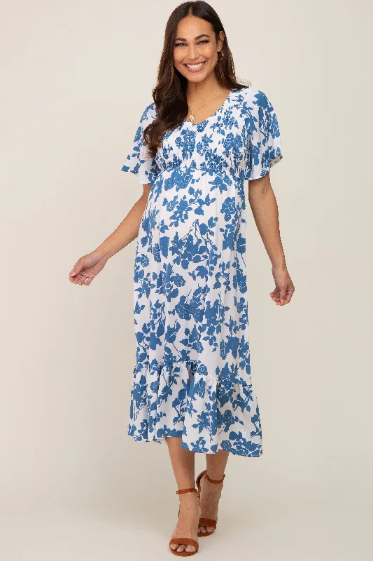 Elegant Clothing For Women Blue Floral Smocked Maternity Midi Dress
