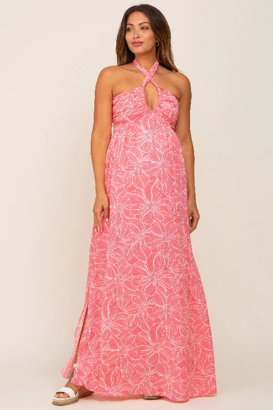 Charming Everyday Clothing For Women Coral Floral Halter Neck Maternity Maxi Dress