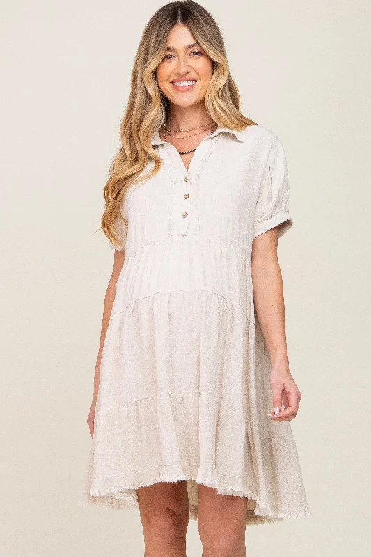 Casual Clothes For Women Cream Tiered Collared Linen Maternity Dress