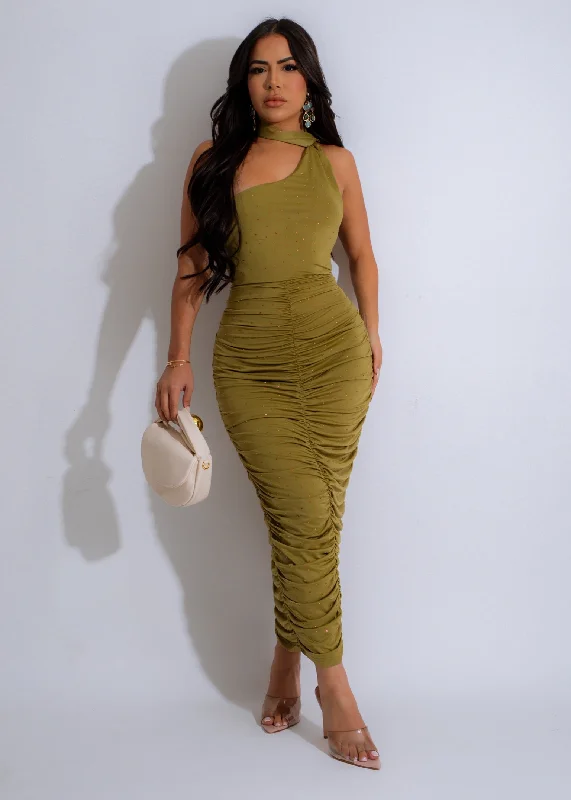 Women's Outerwear Garments Galaxy Glimmer Rhinestones Ruched Maxi Dress Green