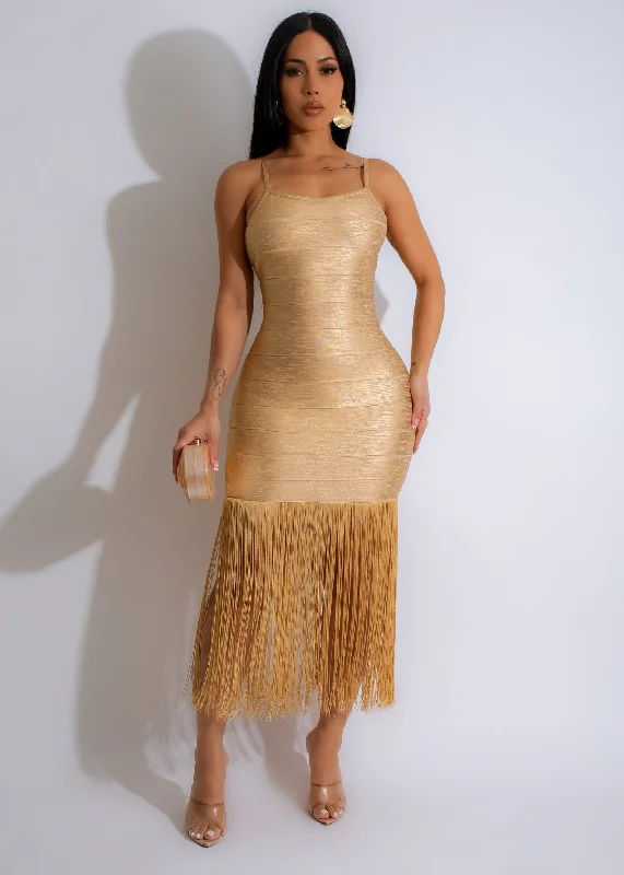 Women's Plus-Size Clothes Elegance Metallic Bandage Fringe Midi Dress Gold