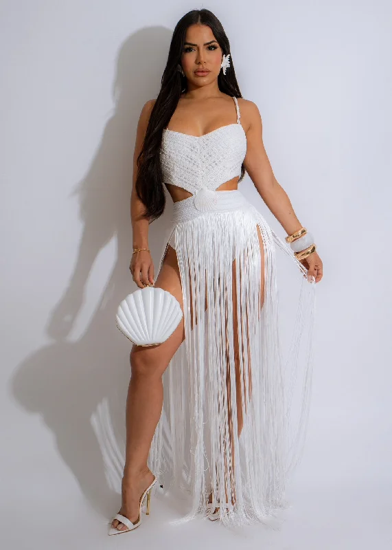 Fashion-Forward Women's Clothing Iconic Girl Fringes Maxi Dress White