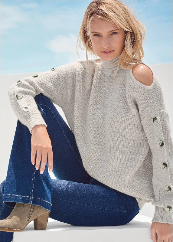 Women's Fashion Clothes Cold-Shoulder Sweater - Cream