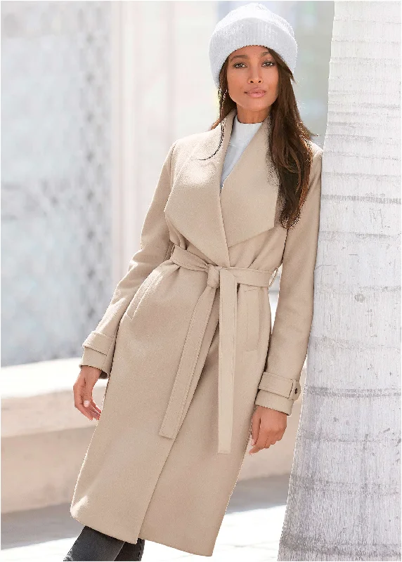 Affordable Women's Outfit Wrap Coat With Belt - Stone