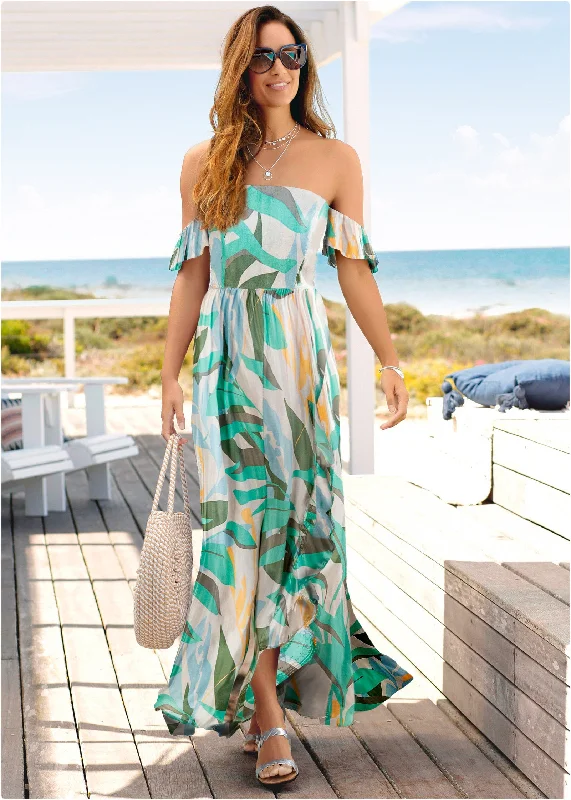 Women's Office Outfit Off-The-Shoulder Maxi Dress - Beige Multi