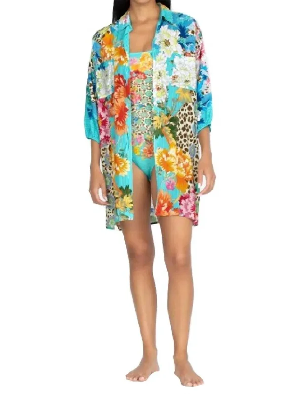 Women's Seasonal Apparel Leopard Shirt Dress in Blue Multi