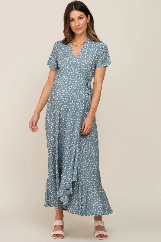Women's Athletic Apparel Light Olive Floral Wrap Front V-Neck Short Sleeve Maternity Midi Dress