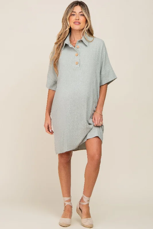 Women's Seasonal Clothing Light Olive Linen Front Button Collared Maternity Dress