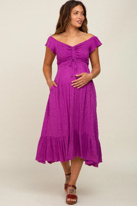 Women's Formal Event Attire Magenta Smocked Ruched Ruffle Hem Maternity Maxi Dress