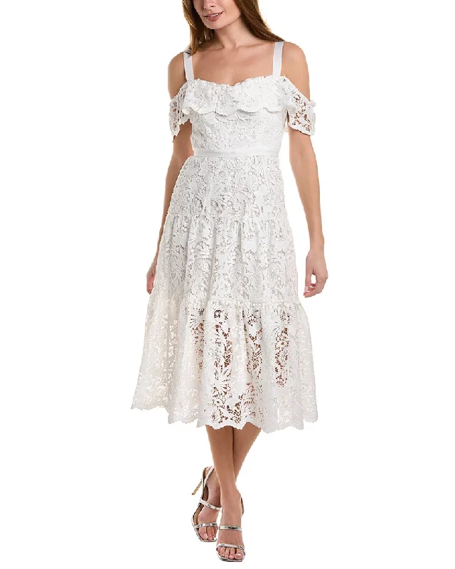 Women's Functional Outfit For Outdoor Activities Marchesa Notte Lace Midi Dress